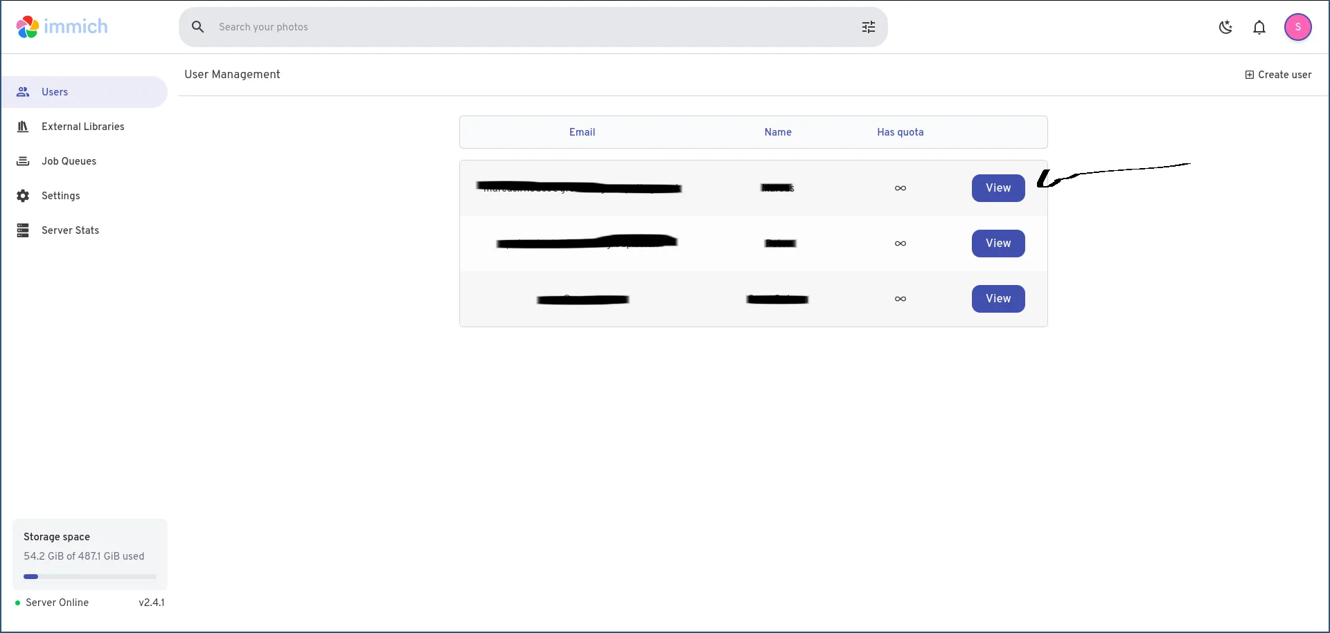 User Management Page with arrow to view